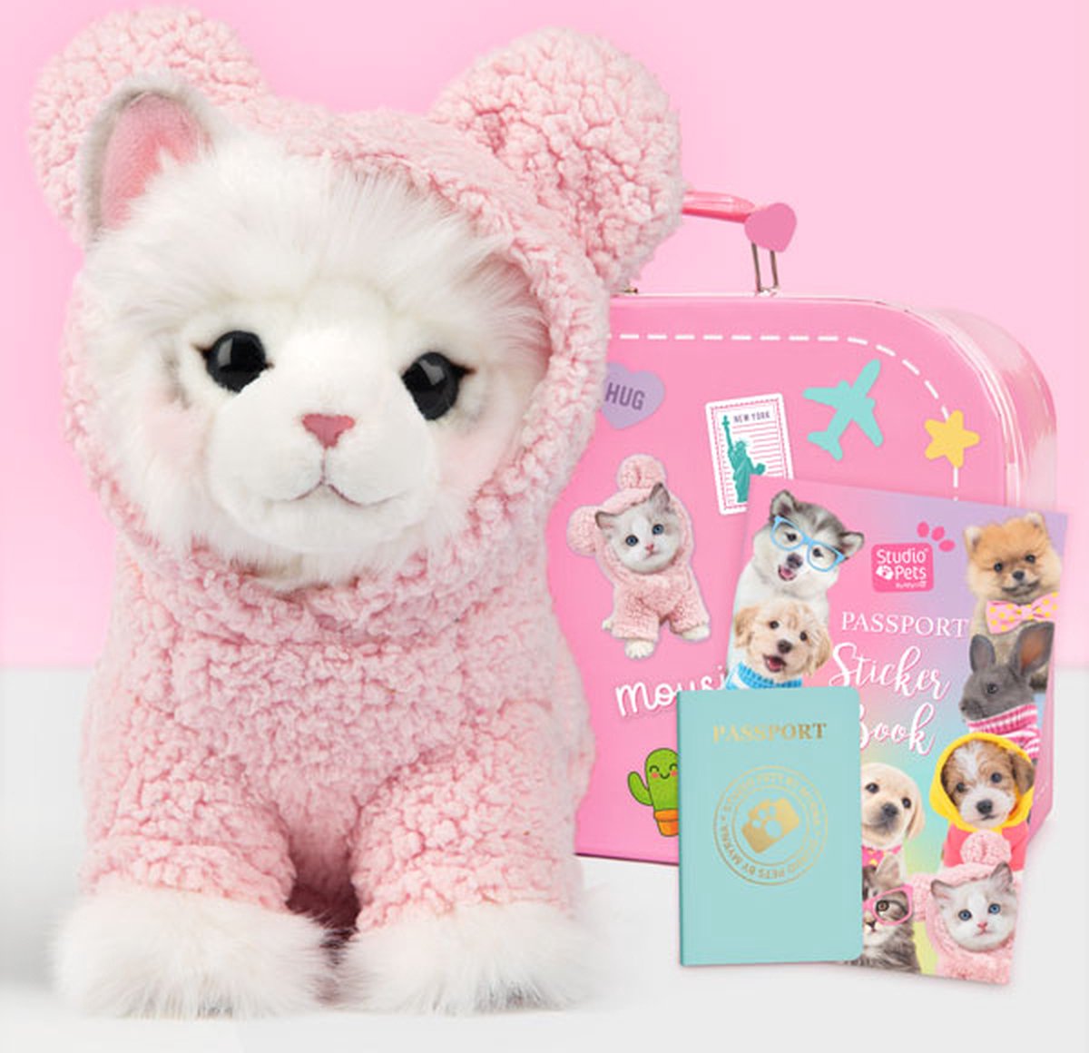 Studio Pets Knuffel Ragdoll kitten | Mousie | Set | Pluche knuffel 23cm + Roze speelgoedkoffer + Paspoort + Stickerboek